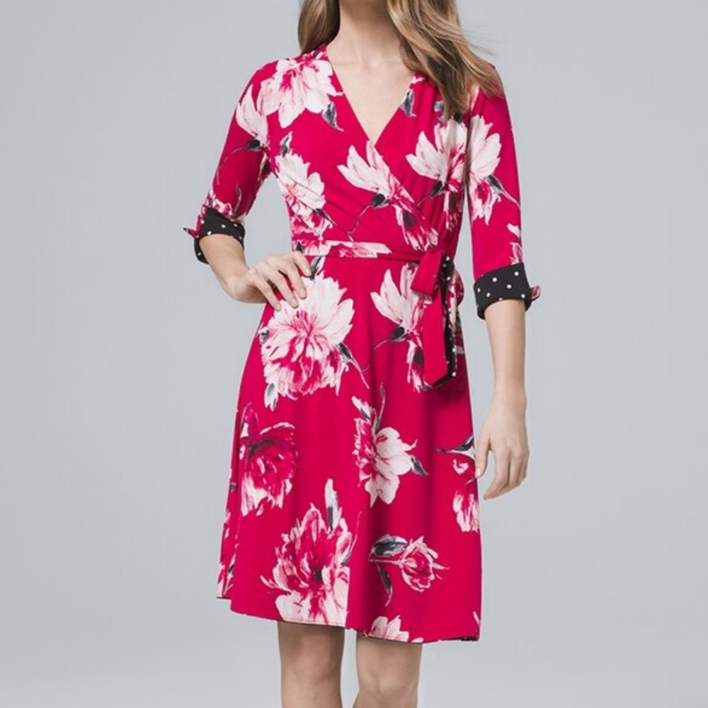 REVERSIBLE DOT/FLORAL FAUX-WRAP DRESS